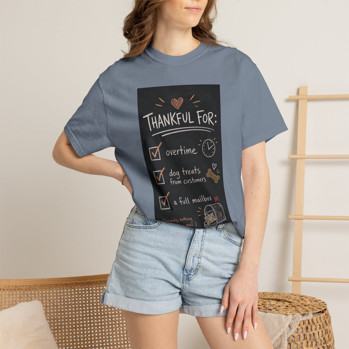 Thankful For Overtime Dog Treats Full Mailbox — Funny Mail Carrier Shirt